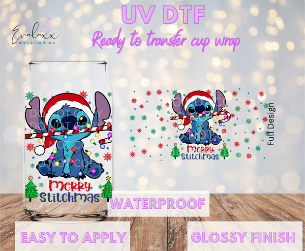 Alien Merry StitchChristmas Candy Cane UV DTF Cup Wrap