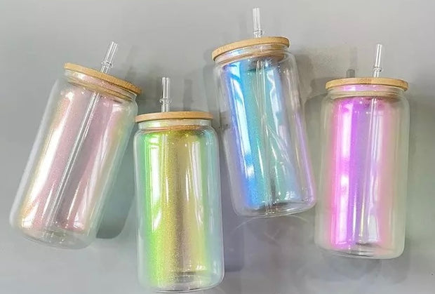 16oz Sub Iridescent Glass Cans with Plastic Straw